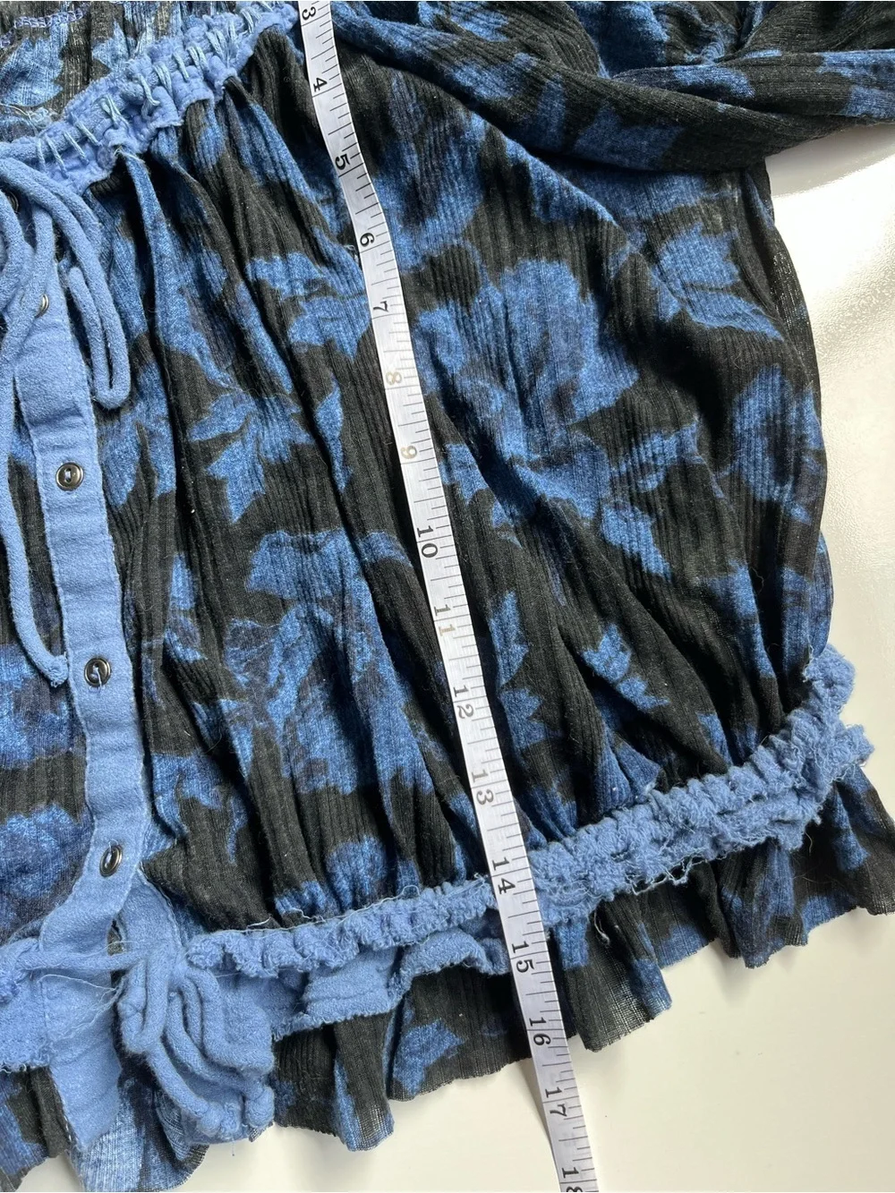 Free People perfect day Blue and Black Floral Smocked Crop Blouse